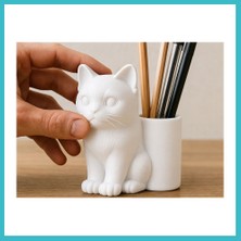 Defne Store 3D Baskı Kedi Figürlü Kalemlik - Masaüstü Organizer - Beyaz Dfnbez
