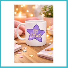 Defne Store Shine Like A Star – Motivasyon Mesajlı Mor Yıldız Tasarımlı Porselen Kupa Model 122 , Günlük Kullanım & Hediye Kupası Dfnbez