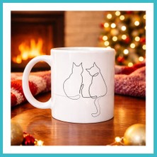 Defne Store Minimal Çizim Iki Kedi Desenli Porselen Kupa Model 77 – Sevgi Temalı Şık Tasarım, Kahve & Çay Kupası Dfnbez