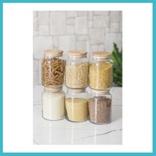 Defne Store 6 Lı Set Bambu Kapaklı Cam Kavanoz & Erzak Saklama Kabı 800 ml Orta Boy ( Vakum Kapak ) Dfnbez