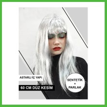 Bezos Platin Gri Gümüş Renk Uzun Parti Peruğu Uzun Takma Peruk Arz