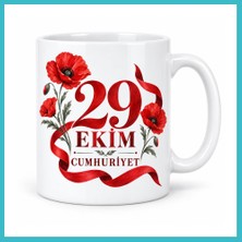 Defne Store 29 Ekim Cumhuriyet Gelincik Çiçekli Porselen Kupa - Kırmızı Beyaz Tasarım - Model 260 Dfnbez