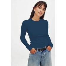 Kadın Indigo Mavi Uzun Kollu Bisiklet Yaka T-Shirt Bluz Kaşkorse Fitilli