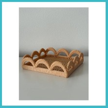 Defne Store 3D Baskı Hasır Görünümlü Dekoratif Tepsi Kemerli Kenarlı Örgü Desenli Sunum ve Düzenleyici Tepsi Bej Dfnbez