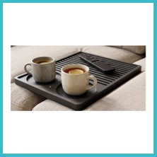 Defne Store 3D Baskı Koltuk Kenarı Çay Kahve Tepsisi Çizgili Kumandalıklı Bardak Yuvalı Kanepe Sehpası Siyah Dfnbez