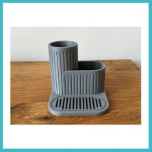 Defne Store 3D Baskı Çizgili Lavabo Düzenleyici Süzdürmeli Tepsili Bulaşık Fırçası ve Sünger Tutucu Kompakt Lavabo - Gri Dfnbez