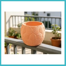 Defne Store 3D Baskı Yapraklı Desenli Yuvarlak Saksı Tepsili Süzdürmeli Bitki Saksısı 15 cm Dekoratif Çiçek - Turuncu Dfnbez