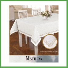 Bezos Keten Masa Örtüsü Tablecloth 155X260 cm Yemek Masası Örtüsü Matilda Model Krem-Altın Mgc