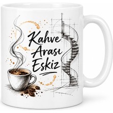 Bezos Kahve Arası Eskiz Tasarımlı Porselen Kupa - Model 465