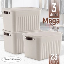 Trend Maison Dekoratif Saklama Kutusu 23 Litre Krem 3'lü Çok Amaçlı Düzenleyici Kapaklı Kutu