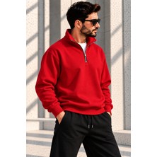 GrandWear Unisex Oversize Yarım Fermuarlı Dik Yaka Sweatshirt Polo Yaka Kapüşonsuz Basic Sweat