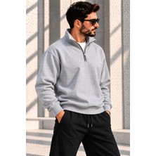 GrandWear Unisex Oversize Yarım Fermuarlı Dik Yaka Sweatshirt Polo Yaka Kapüşonsuz Basic Sweat