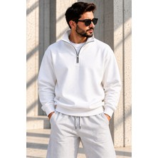 GrandWear Unisex Oversize Yarım Fermuarlı Dik Yaka Sweatshirt Polo Yaka Kapüşonsuz Basic Sweat