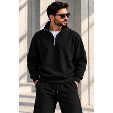 GrandWear Unisex Oversize Yarım Fermuarlı Dik Yaka Sweatshirt Polo Yaka Kapüşonsuz Basic Sweat