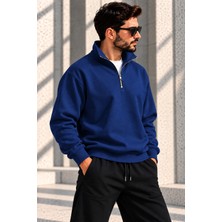 GrandWear Unisex Oversize Yarım Fermuarlı Dik Yaka Sweatshirt Polo Yaka Kapüşonsuz Basic Sweat