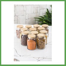 Bezos 12 Lü Set Bambu Kapaklı Cam Kavanoz & Erzak Saklama Kabı 800 ml Orta Boy ( Vakum Kapak ) Mgc