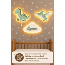 Bugy Bagy Ahşap Çocuğun Ismine Özel 3'lü Dinozor Lamba Seti Yıldız Hediyeli Pilli Ledli Bebek Çocuk Odası