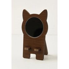 Bugy Bagy Kedi Şekilli Ayna Detaylı Ahşap Telefon Standı (Koyu Ahşap)