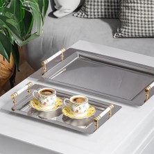 Odea Porsima Yüzük 2li Paslanmaz Çelik Gümüş Kahve Tepsisi Gold Beyaz Detaylı Dekoratif Servis Sunum Tepsisi