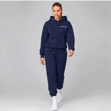 Kadın Lacivert Kapüşonlu Sweatshirt Eşofman Takımı Kanguru Cepli Rahat Kesim