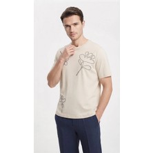 Oversize Bisiklet Yaka Bej Işlemeli Erkek Tişört