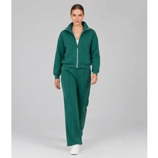 Yeşil Eşofman Takımı Fermuarlı Crop Üst ve Bol Paça Pantolon Dik Yaka Ikili Set