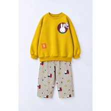 Monila Kız Çocuk 3 Iplik Pamuklu Kumaş Sarı Tavşan Baskılı Sweatshirt ve Kareli Altlı Alt Üst Takım