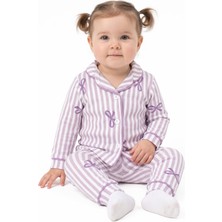 by BebekOdam Kız Bebek Beyaz Lila Fiyonklu Çizgili Pijama Takımı