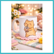 Defne Store Sevimli Kedi Bubble Tea Tasarımlı Porselen Kupa Model 192 – Boba Çayı Içen Kedi Kahve Kupası – Kedi Severlere Hediyelik Kupa Bardak Dfnbez