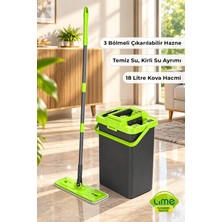 Lime Trio Power Flat Tablet Mop Seti - Temiz Kirli Su Ayrımı - Microfiber Bez - 3 Bölmeli 18 L Hacimli Kova Çıkarılabilir Hazneli