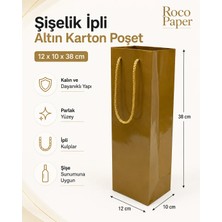 Şişelik Ipli Altın Karton Poşet, 1 Adet - 12X10X38 Cm, Kalın Yapılı Premium Hediyelik Taşıma Çantası