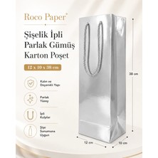 Şişelik Ipli Gümüş Karton Poşet, 1 Adet - 12X10X38 Cm, Kalın Yapılı Premium Hediyelik Taşıma Çantası