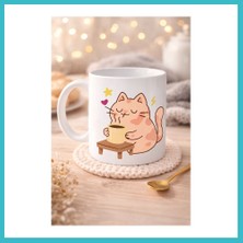 Defne Store Sevimli Kedi Tasarımlı Porselen Kupa Model 196 – Kahve Içen Kedi Baskılı Porselen Kahve Kupası – Kedi Severlere Hediyelik Porselen Kupa Bardak 330 ml Dfnbez