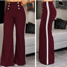 Moda Şehri Kadın Yüksel Bel Düğmeli Yandan Şerit Detaylı Paçaya Doğru Genişleyen Ithal Krep Pantolon