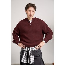 Abluka Online Erkek Oversize Henley Yaka Triko Kazak Bordo