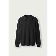 Abluka Online Erkek Oversize Polo Yaka Düğmeli Fitilli Triko Kazak Siyah