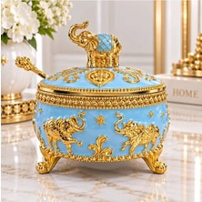 Rasha Collection Fil Figürlü Kapaklı Dekoratif Şekerlik ve Sunumluk – Açık Mavi Gold