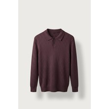 Abluka Online Erkek Slim Fit Fitilli Düğmeli Polo Yaka Triko Kazak Bordo