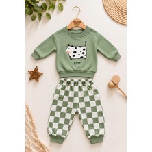 Dinamik çocuk Erkek Bebek 2iplik Şardonsuz Inek Baskılı Sweatshirt ve Dama Desenli Eşofman Altı 2'li Takım Mevsimlik 6-24AY