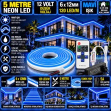 Powerr Led Aydınlatma 5m 12V 6X12MM 120 LED Mavi Neon LED 5A Priz Adaptör 12A Tek Renk Kumandalı Rf Dimmer Set
