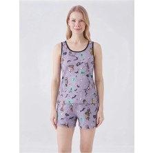 Kadın Askılı Şortlu Pijama Takımı Desenli Rahat Ev Giyimi