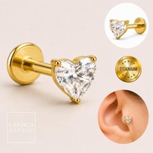 Teknocan Marketing Kalp Taşlı Altın Rengi Gold Titanium Piercing Forward Helix Flat Conch Kulak Memesi Tragus Küpe