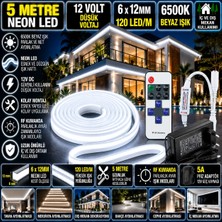 Powerr Led Aydınlatma 5m 12V 6X12MM 120 LED 6500K Beyaz Neon LED 5A Priz Adaptör 12A Tek Renk Kumandalı Rf Dimmer Set