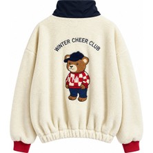 BRTC Design Kadın Ekru Teddy Baskılı Dik Yaka Blok Parçalı Sweatshirt