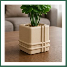 Vintessy Vıntessy 3D Baskı Square Planter - Izgara Desenli Küp Saksı-Bej BZS01