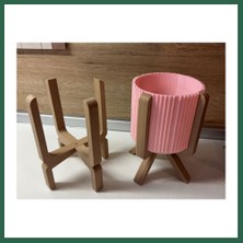 Vintessy Vıntessy 3D Baskı Ayaklı Çizgili Saksı - Bej Standlı Dekoratif Saksı - Pembe BZS01