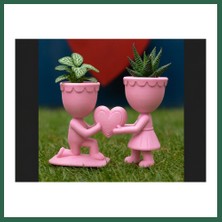 Vintessy Vıntessy 3D Baskı Aşk Saksısı - Kalp Tutan Çift Figürlü Dekoratif Saksı - Pembe BZS01