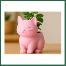 Vintessy Vıntessy 3D Baskı Sevimli Kedi Saksı - Figürlü Sukulent Saksısı-Pembe BZS01