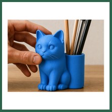 Vintessy Vıntessy 3D Baskı Kedi Figürlü Kalemlik - Masaüstü Organizer - Mavi BZS01