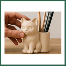 Vintessy Vıntessy 3D Baskı Kedi Figürlü Kalemlik - Masaüstü Organizer - Bej BZS01
